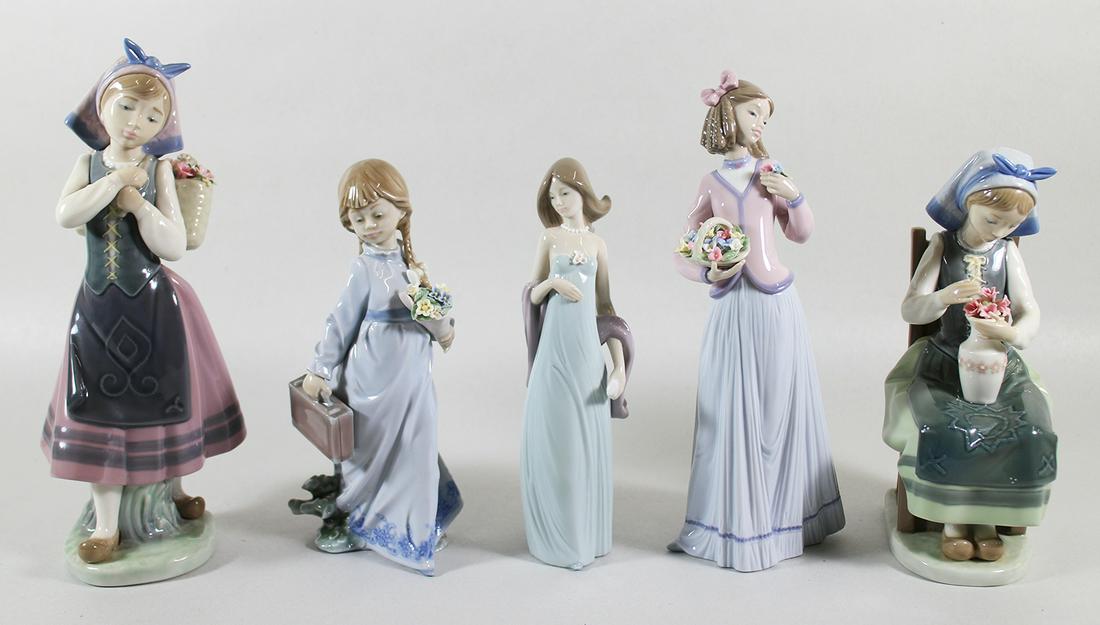 (5) LLADRO GIRL FIGURINES: Lladro collection including Nature's Bounty # 1417, Flower Harmony # 1418, School Days # 7604, Innocence in Bloom # 7644, and Ingenue # 5487. All with original boxes except # 5487.