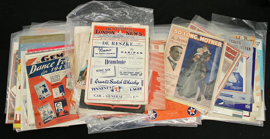 MILITARY WWI & WWII SONG MUSIC SHEETS & MORE: Large collection of music sheets that date from 1896 to WWI & WWI era along with early 20th century assorted music sheets.