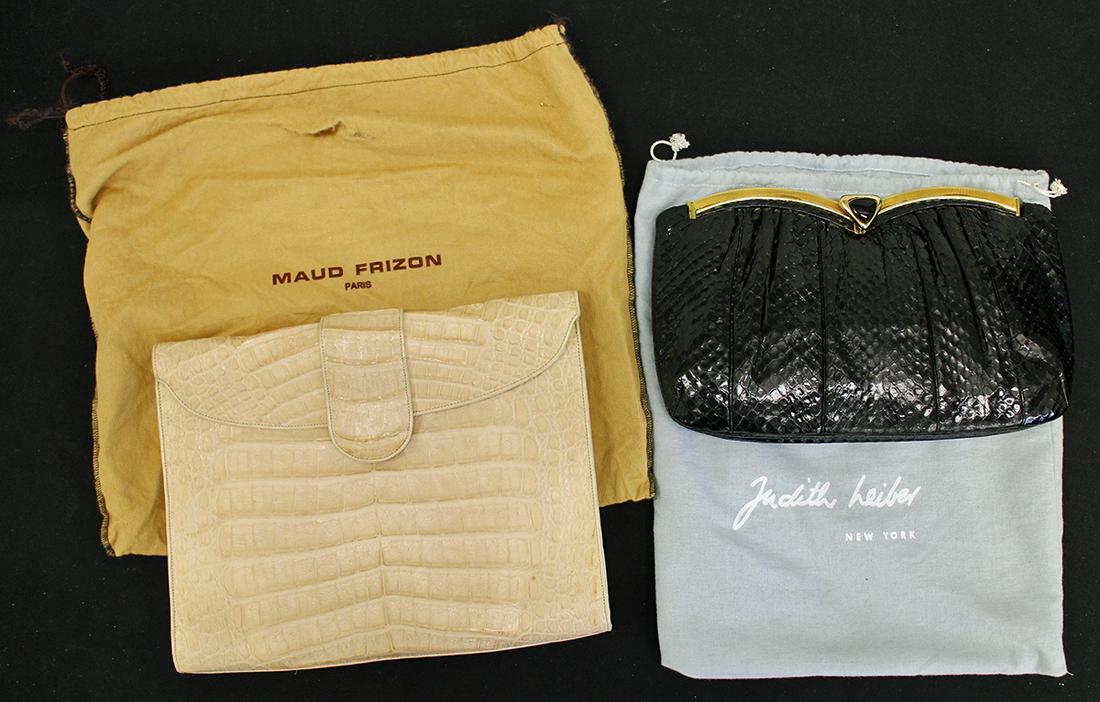 JUDITH LEIBER & MAUD FRIZON CLUTCH PURSES: A black snakeskin clutch handbag by Judith Leiber. It has a black snake skin with gold accents. 12" x 7". A tan leather clutch purse by Maud Frizon in Paris France. It measures 12" x 10"