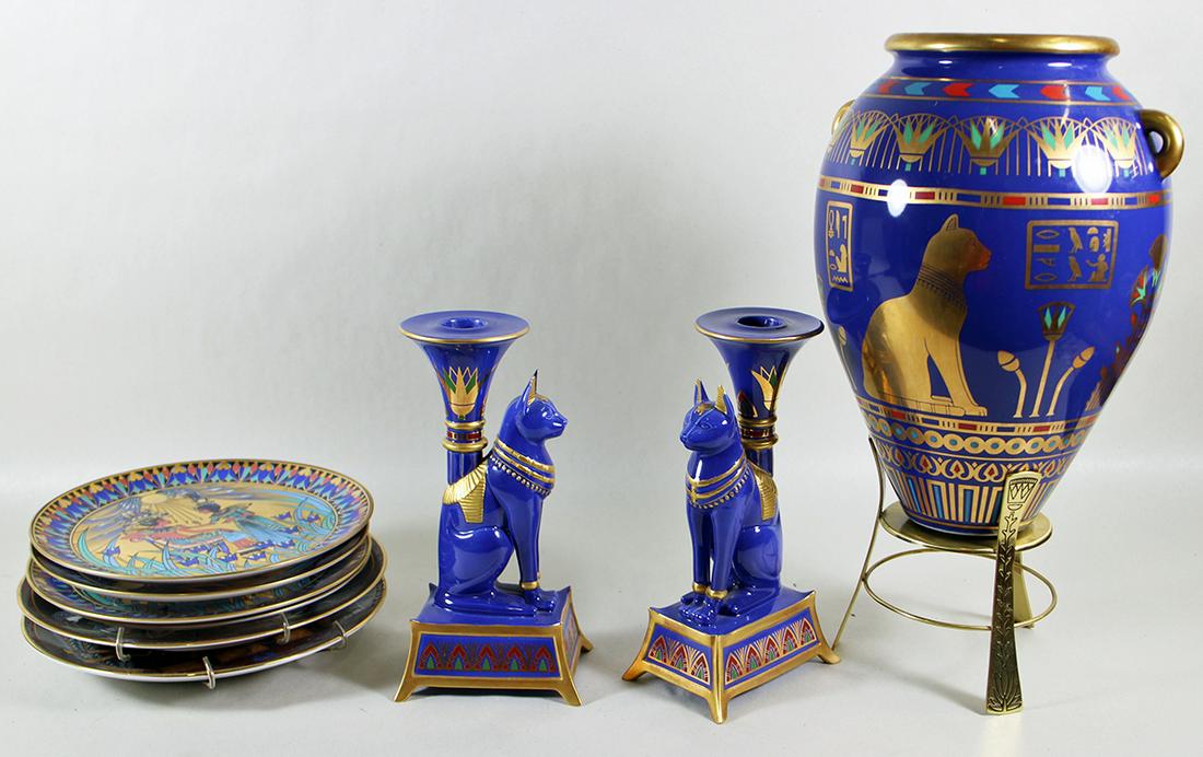 EGYPTIAN PORCELAIN COLLECTION: Franklin Mint Roushdy Iskander Garas Golden Bast candlesticks & vase and (6) assorted plates.