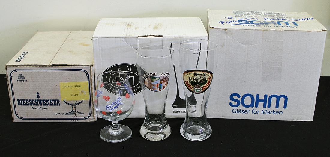 GERMAN BEER GLASS COLLECTION: Includes (6) Lohrer Bier 9" tall, (6) Brugse Tripel 8.25" tall, and (5) Delirium Tremens pink elephant glasses.