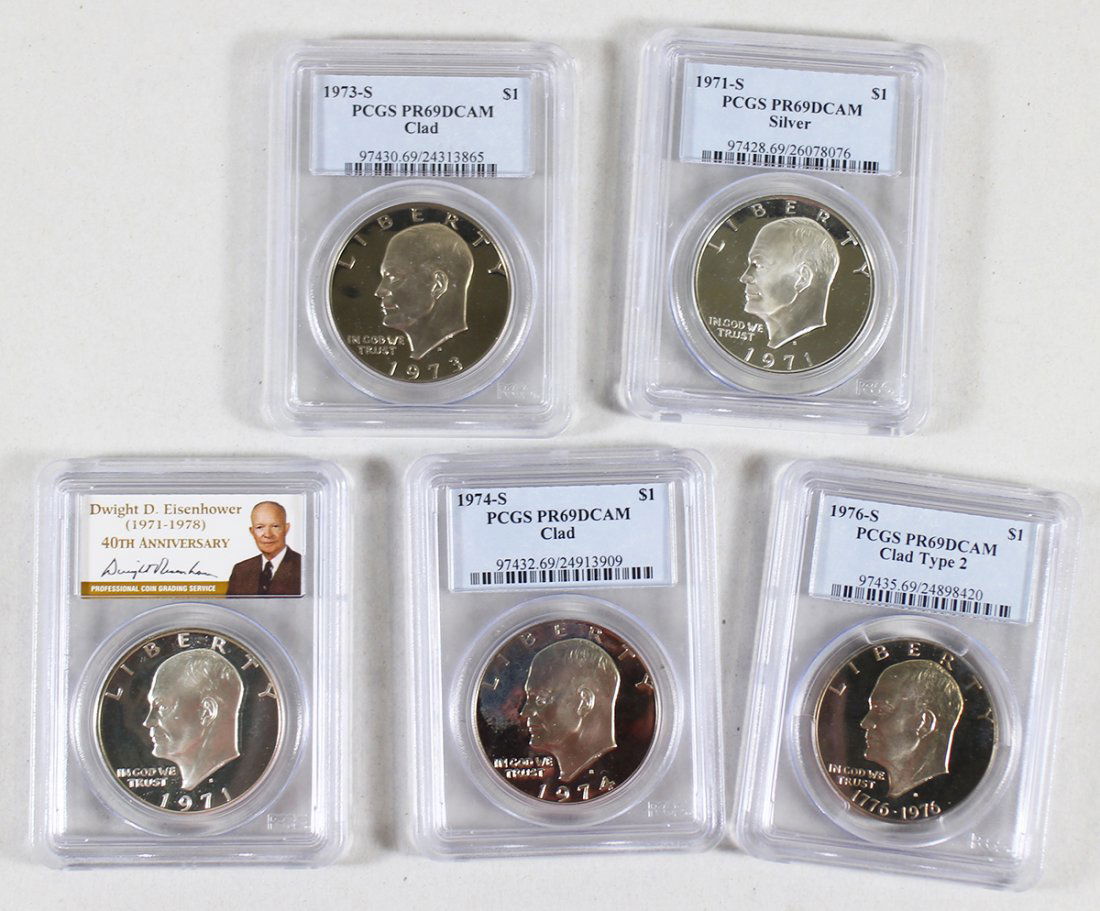 (5) PCGS PR69DCAM EISENHOWER DOLLARS: Five PCGS graded PR69 DCAM Ike dollar coins.