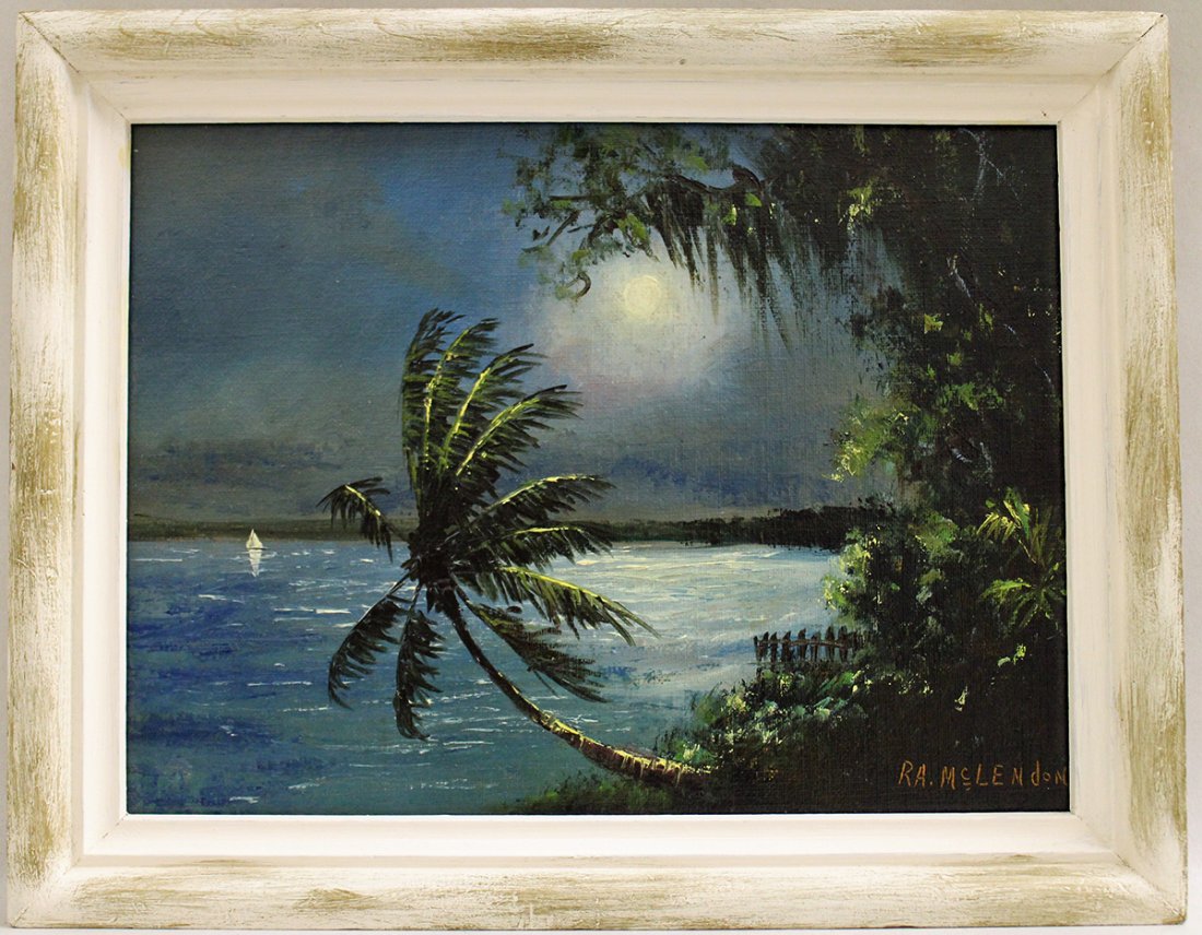 ROY MCLENDON HIGHWAYMEN PAINTING: Roy Mclendon (b.1932) Highwayman painting of a night time St. Lucie river scene with palm tree and sail boat. Signed lower right. Measures 16" x 11.75" on upson board and 17.5" x 13.5" w/ frame.