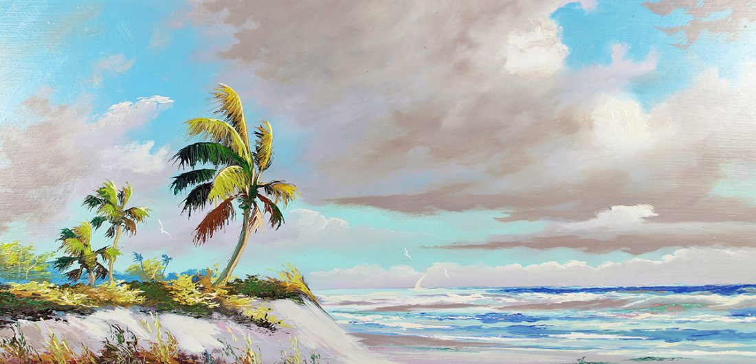 TRACY NEWTON PAINTING: Tracy Newton painting of a Florida sunny Rio Mar beach scene with ocean and clouds. Signed lower left. Tracy is the son of original Highwaymen artist Sam Newton. Measures 30" x 15" on board & 33" x 18