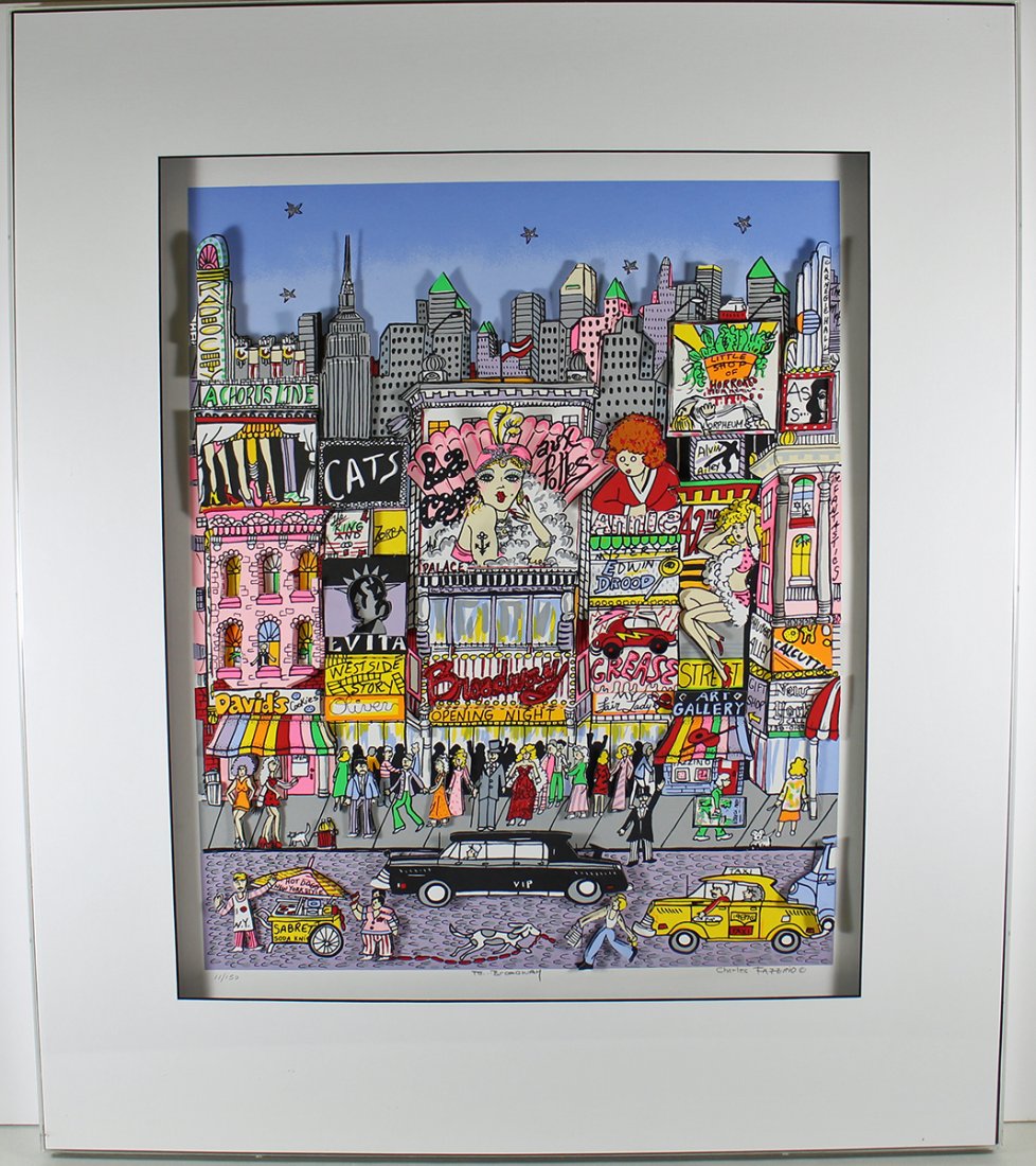 CHARLES FAZZINO TO BROADWAY ART: Charles Fazzino (b.1955) Three dimensional New York pop art titled "To Broadway". Pencil signed and numbered 11/150. Measures 31.5" x 27" w/ frame.