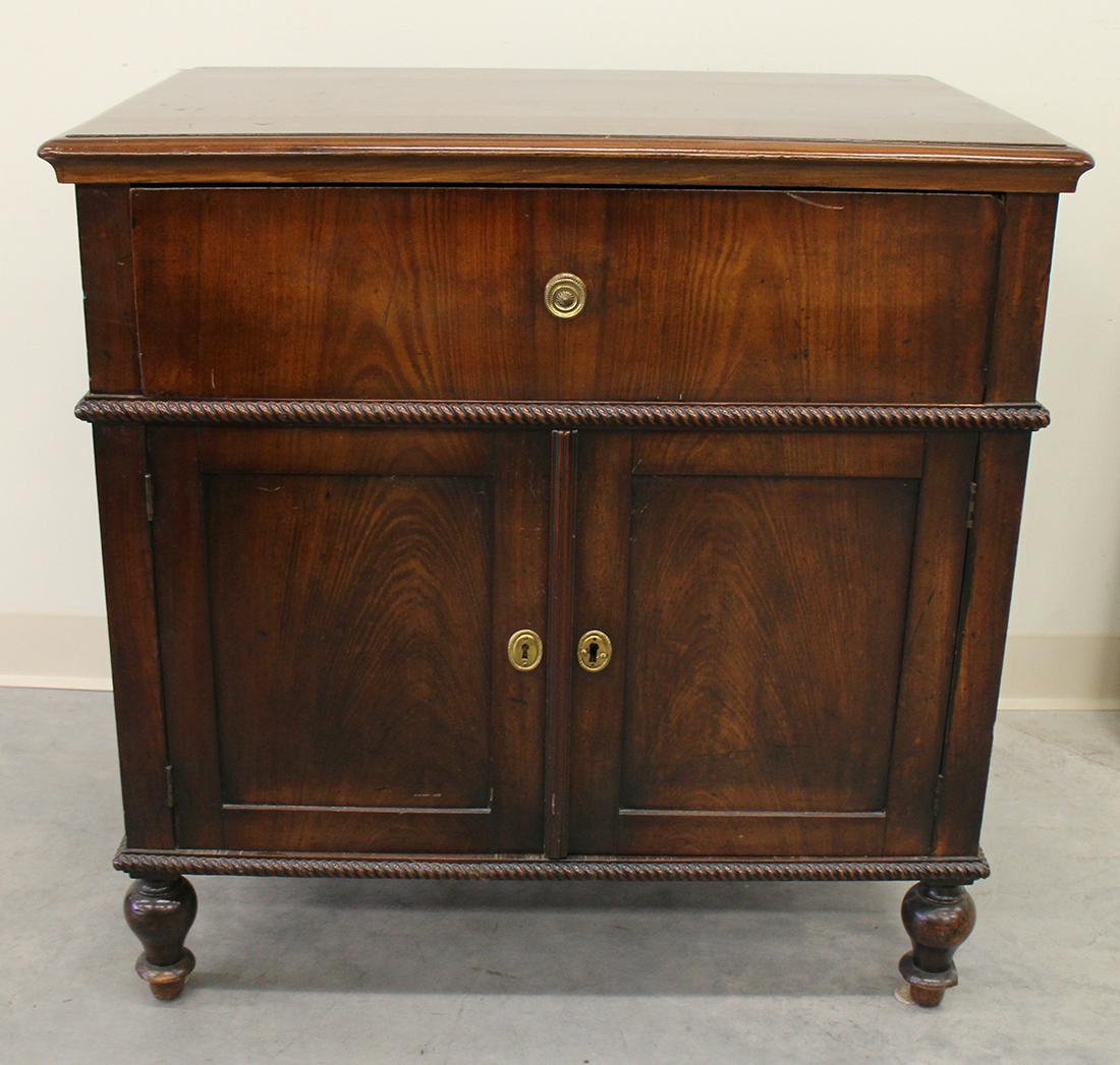 ANTIQUE SILVER CHEST / CELLARETTE: Antique silver chest cabinet with flip top and drawer. Under drawer there is a round hole. Measures 32" tall 32" x 21" wide.
