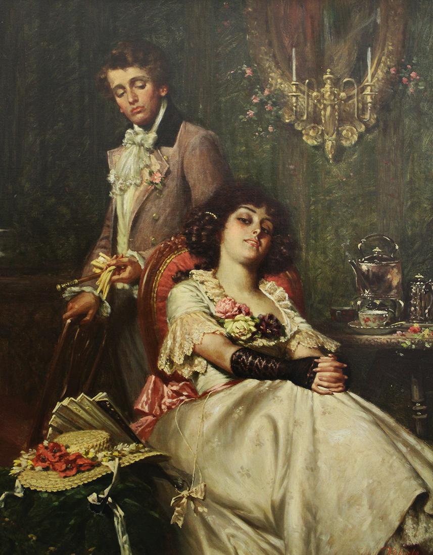 EDWIN THOMAS ROBERTS (1840-1917) PAINTING: Edwin Thomas Roberts (1840-1917) Painting on canvas titled "Storm in a Teacup" of a scene with a young couple. Signed lower right. Measures 36" x 28" and 42" x 34.25" w/ frame. Two small areas of pain