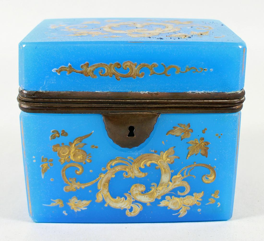 FRENCH BLUE OPALINE JEWELRY CASKET: French hand painted blue opaline jewelry box casket. Measures 4" tall 4.5" x 3" wide. Some small chips to bottom/bottom corner.