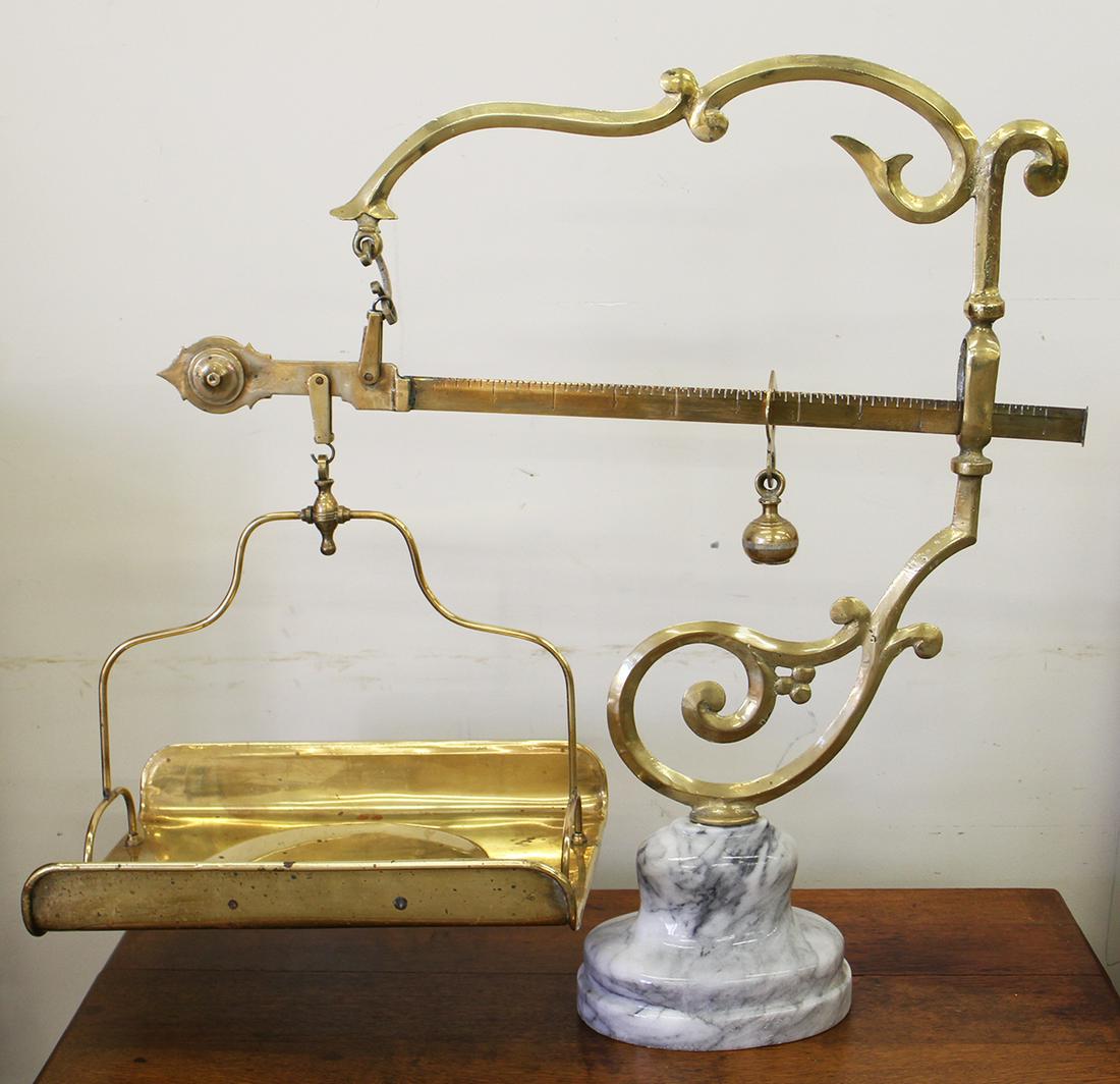 ITALIAN BRASS & MARBLE SCALE: Italian brass scale with marble base. Measures 29" tall 30" wide.