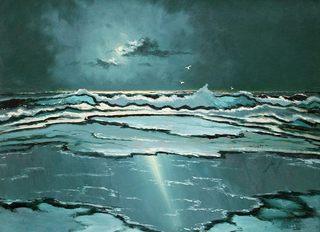 WILLIE DANIELS HIGHWAYMEN PAINTING: Willie Daniels (b.1950) Highwaymen painting of a Florida moon lit ocean beach scene. Signed lower right. Measures 32" x 24" on upson board and 35.5" x 27.5" w/ frame.