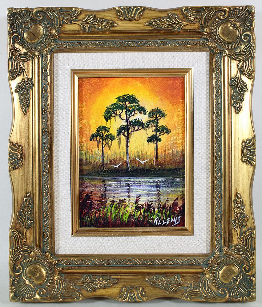 ROBERT LEWIS HIGHWAYMEN PAINTING: Robert "RL" Lewis (b.1941) Highwaymen painting of a Florida orange and yellow sunset scene with tall pine trees. Signed lower right and also on verso Measures 7" x 5" and 12.5" x 10.25" w/ frame.