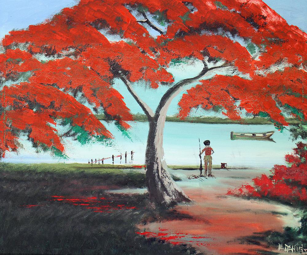 WILLIE DANIELS HIGHWAYMEN PAINTING: Willie Daniels (b.1950) Highwaymen painting of a rare scene with fisherman and red poinciana tree with boat on the river. Signed lower right. Measures 24" x 20" on canvas & 27.5" x 23.5" w/ frame.