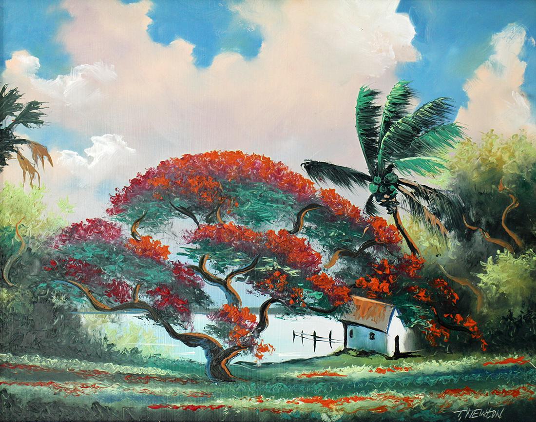 TRACY NEWTON PAINTING: Tracy Newton painting of a Florida landscape with bright red poinciana tree and boathouse. Signed lower right. Tracy is the son of Highwaymen Sam Newton. Measures 20" x 16" on board & 24" x 20" w/ fra