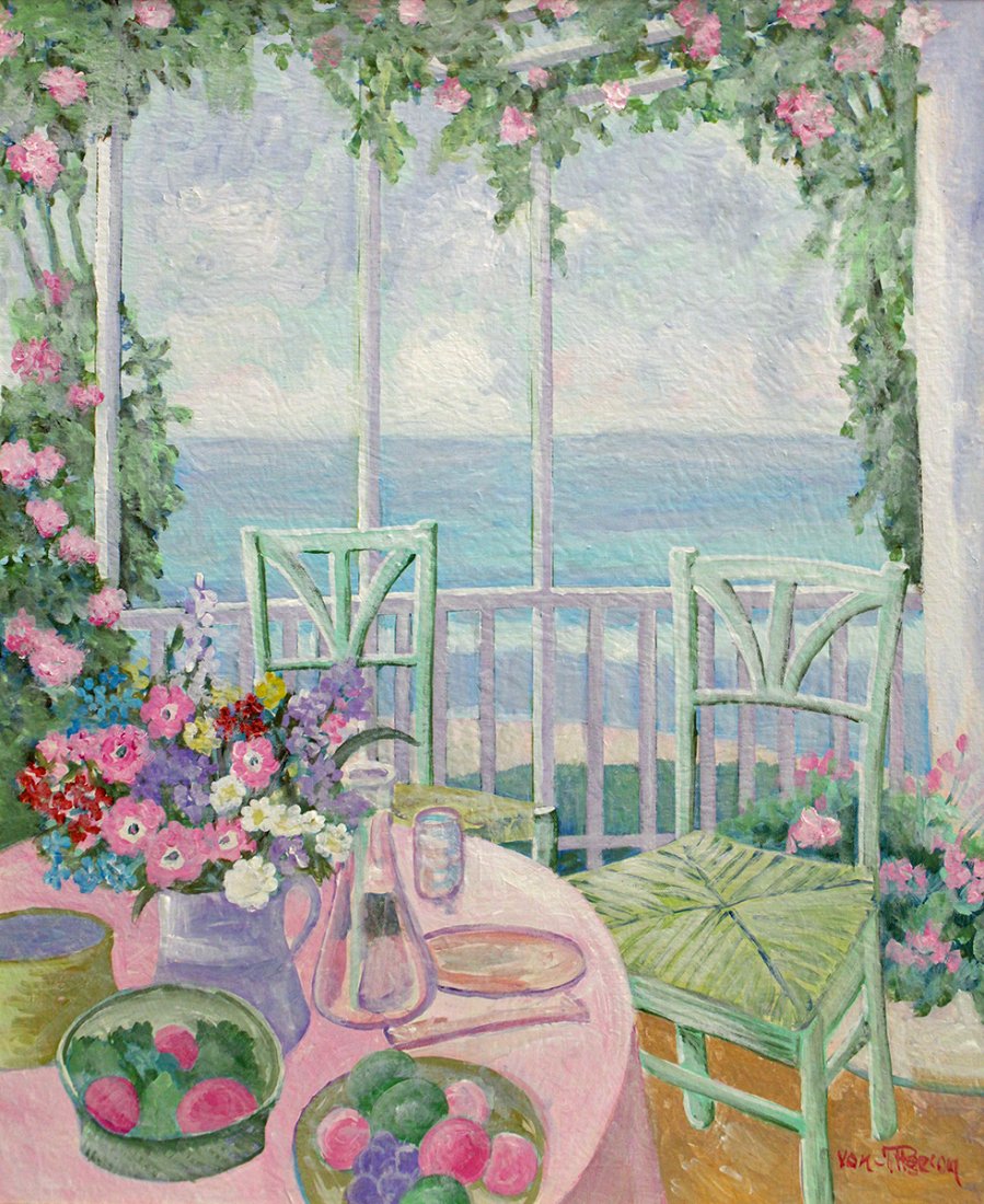 LLOYD VAN PITTERSON PAINTING: Lloyd Van Pitterson (1926-1997) Painting of a balcony scene with ocean in background. Signed lower right. Measures 24" x 20" on canvas and 24.25" x 20.25" w/ frame. Lloyd Van Pitterson was born in Jam