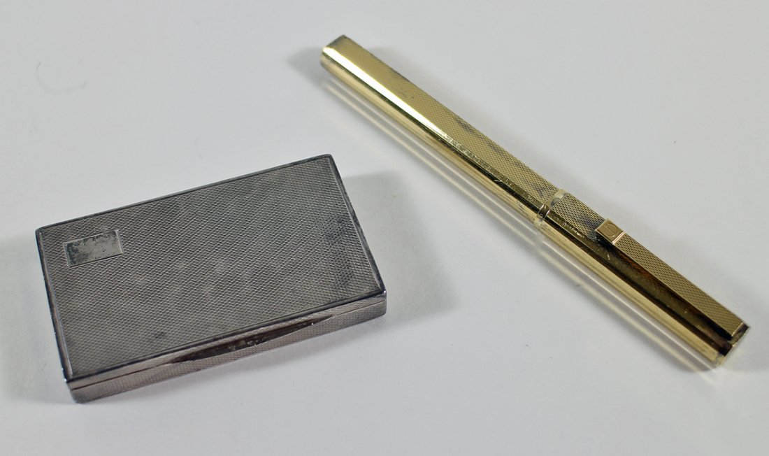 STERLING DUNHILL PEN & SILVER BOX: Vintage Dunhill sterling silver fountain pen with a textured barley corn pattern and 18KT gold nib. Marked Germany 925. Also a small 3" x 3.25" silver hallmarked cigarette or trinket box with textured