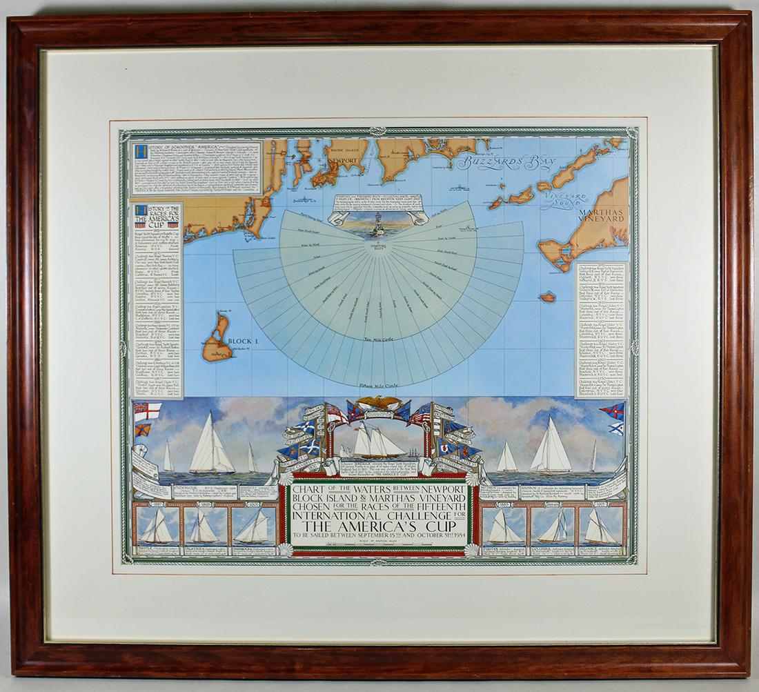 1934 AMERICA'S CUP CHART OF THE WATERS: 1934 America's Cup Chart of the Waters between Newport Block Island & Martha's Vineyard from the yacht race. Measures 19.5" x 16.5" (sight) 28.25" x 25.25" w/ frame.
