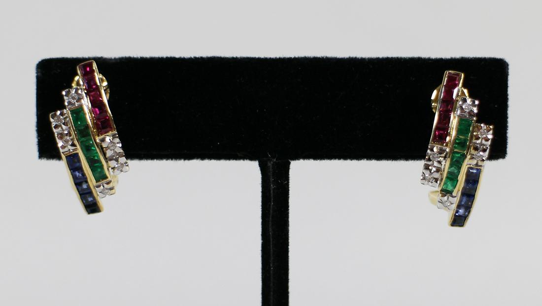 18K RUBY EMERALD SAPPHIRE DIAMOND EARRINGS (1 of 3)