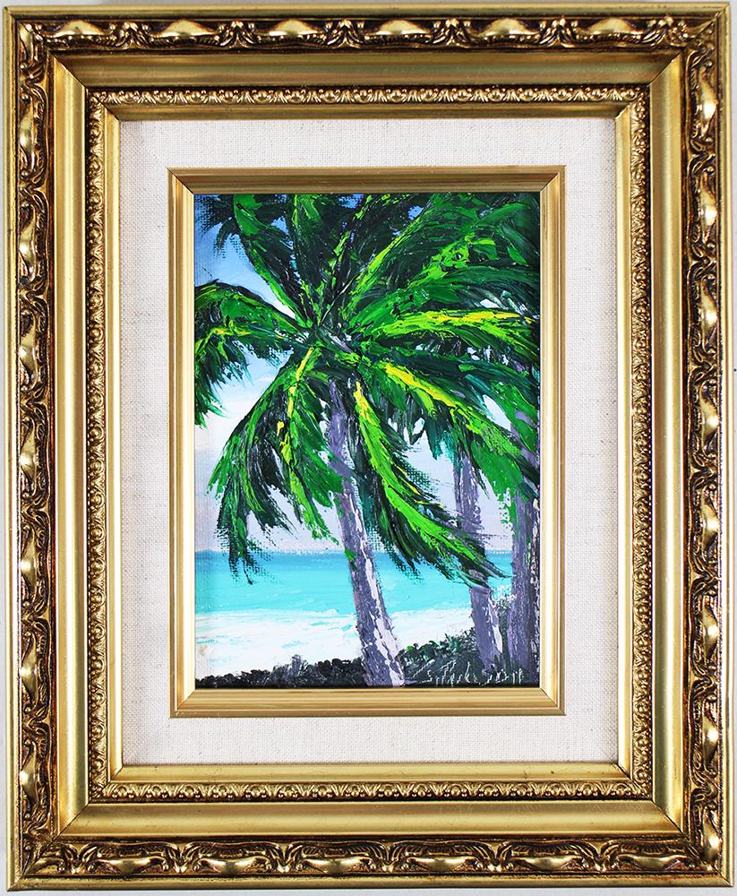 JAMES GIBSON HIGHWAYMEN PAINTING: James Gibson (1938-2017) Highwaymen painting of a bright Florida beach scene with palm tree. Thick palette work. Signed lower right and also on verso. Measures 7" x 5" and 11" x 9" w/ frame.