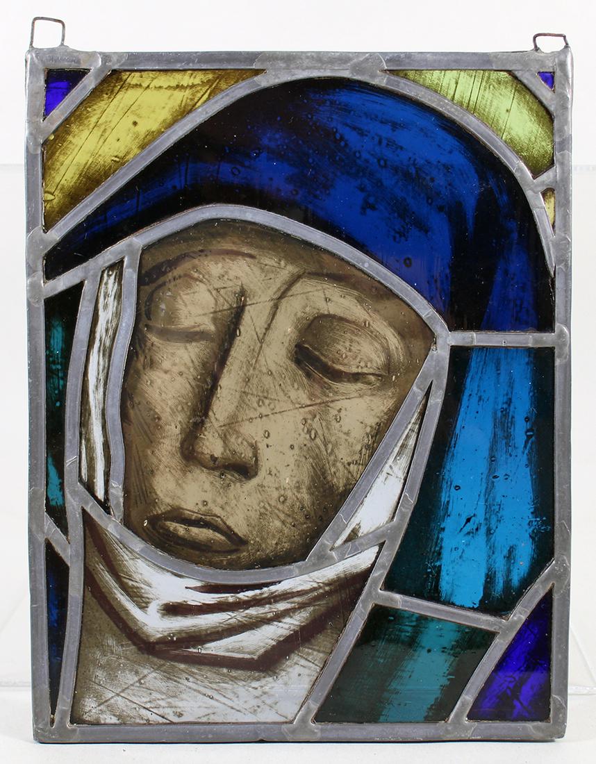 ANTIQUE STAINED GLASS PAINTED MADONNA WINDOW PANEL (1 of 2)