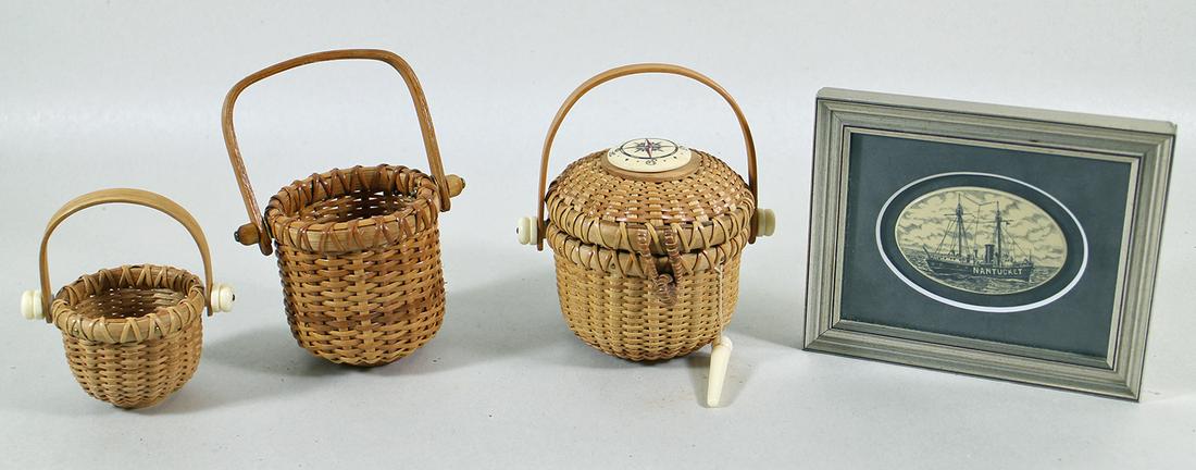SMALL NANTUCKET BASKETS & FRAMED SCRIMSHAW: A set of 3 miniature Nantucket baskets one with a carved compass on top. Also included is a framed scrimshaw style Nantucket ship.