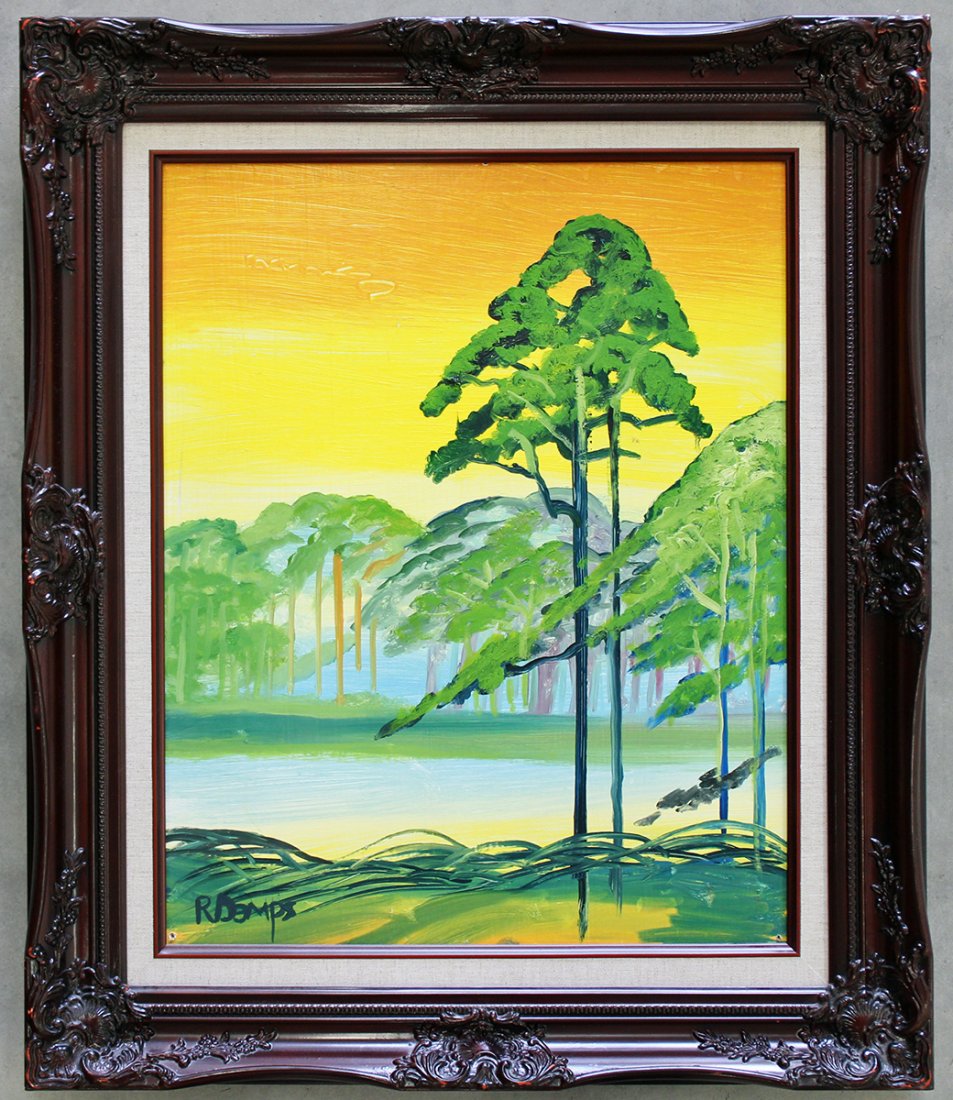 RODNEY DEMPS HIGHWAYMEN PAINTING: Rodney Demps (b.1953) Highwaymen painting of a orange and yellow sunset Florida scene with tall pine trees. Signed lower left. Measures 20" x 16" on masonite and 26.5" x 22.5" w/ frame.