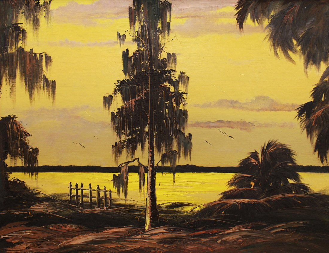 JAMES GIBSON HIGHWAYMEN PAINTING: James Gibson (1938-2017) Highwaymen painting of a Florida yellow St. Lucie River scene with tall pine tree with Spanish moss. Signed lower right. Measures 29" x 22.25" on upson board & 32.25" x 25.5" 