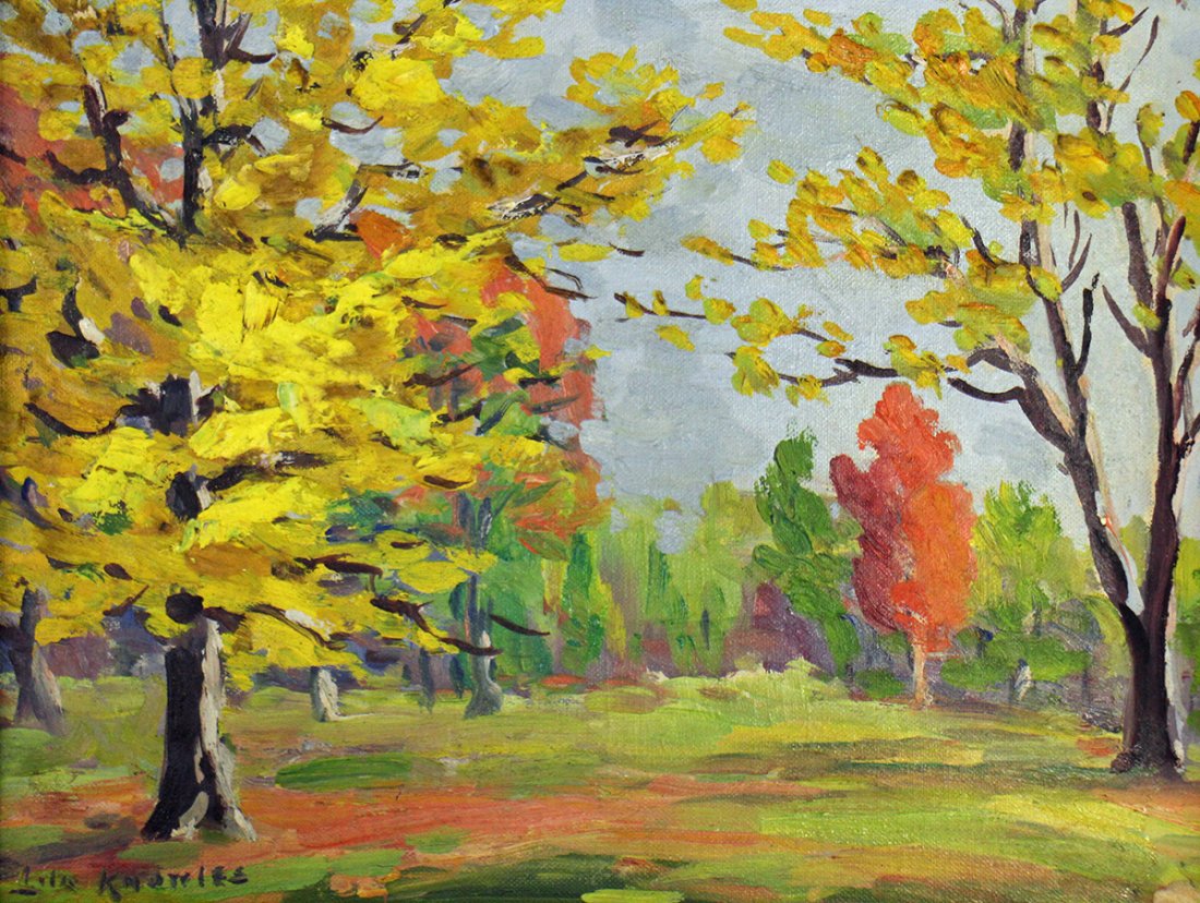 LILA KNOWLES PAINTING: Lila Caroline McGillivray Knowles (1886-1979) Vintage landscape painting on board. Signed lower left. Measures 12" x 9" and 16.5" x 13.5" w/ frame.