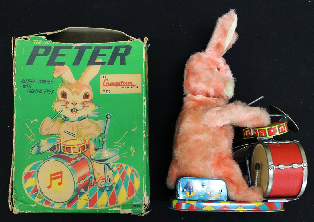 VINTAGE PETER THE JOLLY RABBIT DRUMMER TOY: Vintage Peter the Jolly Rabbit Drummer battery operated toy. Includes box. Not working.