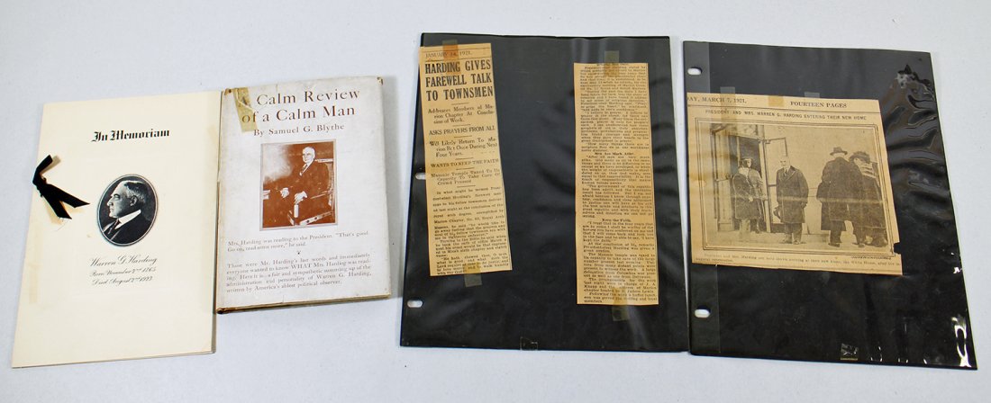 PRESIDENT HARDING COLLECTION: Collection of Warren Harding items including book, newspaper articles, and an In Memoriam.