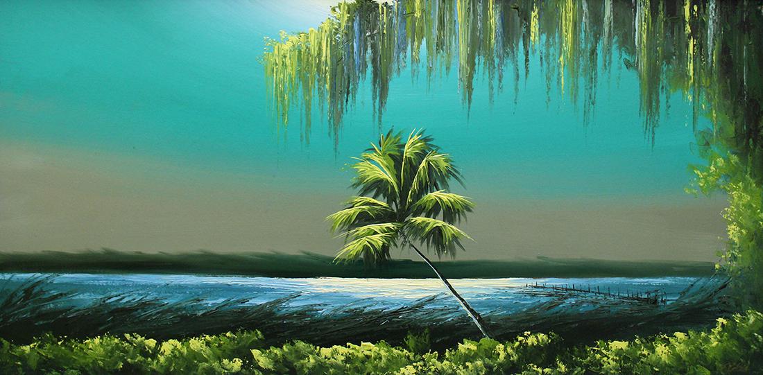 JAMES GIBSON HIGHWAYMEN PAINTING: James Gibson (1938-2017) Highwaymen painting of a Florida St. Lucie River night scene with hanging Spanish moss and lone palm tree. Signed lower right. "Sofa size" measures 48" x 24" on upson board & 