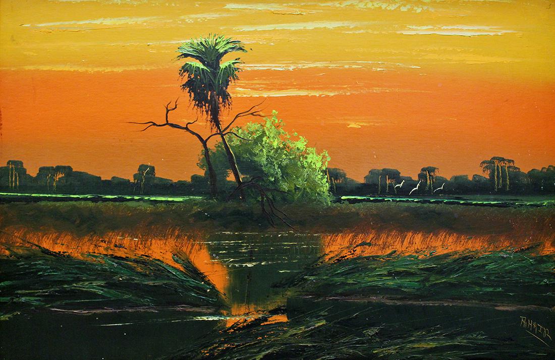 ALFRED HAIR HIGHWAYMEN PAINTING: Alfred "Al" Hair (1941-1970) Highwaymen painting of a Florida backwoods orange and yellow sunset scene. Signed lower right. Measures 36" x 24" on upson board & 39.25" x 27.25" w/ frame.