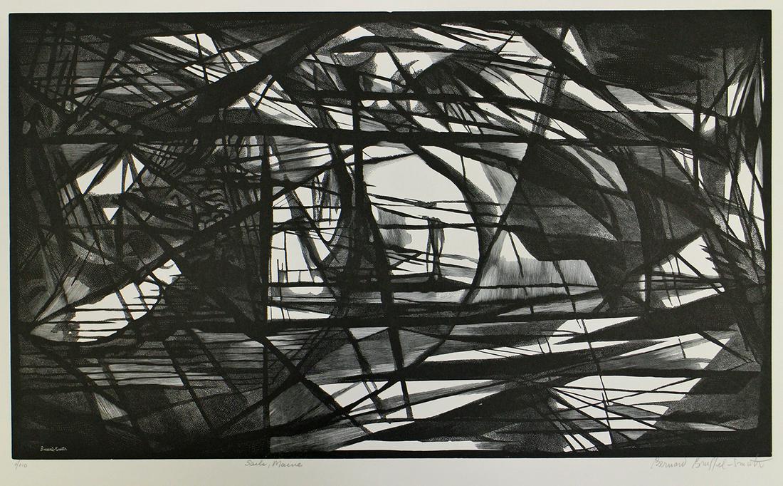BERNARD BRUSSEL-SMITH SAILS MAINE ENGRAVING: Bernard Brussel-Smith (1914-1989) Wood engraving titled "Sails Maine". Pencil signed and numbered 1/110. Measures 19 7/8" x 13 1/8" unframed.
