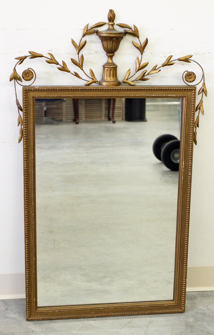 HEPPLEWHITE STYLE GOLD MIRROR: Antique gold wall mirror with urn and wreath design. Measures 42.25" x 25.5"