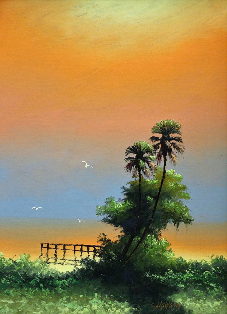 SAM NEWTON HIGHWAYMEN PAINTING: Sam Newton (b.1948) Highwaymen painting of a Florida sun setting tangerine sky river scene with palm trees and dock. Signed lower right. Measures 24" x 18" on upson board & 28" x 22" w/ frame.