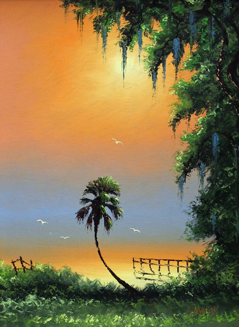 SAM NEWTON HIGHWAYMEN PAINTING: Sam Newton (b.1948) Highwaymen painting of a Florida sun setting tangerine sky river scene with palm tree and dock. Signed lower right. Measures 24" x 18" on upson board & 28" x 22" w/ frame.