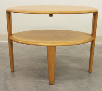 HEYWOOD WAKEFIELD MODERN OVAL SIDE TABLE: Heywood Wakefield Mid Century Modern two tier oval side table. Measures 28" x 15" wide 22" tall.