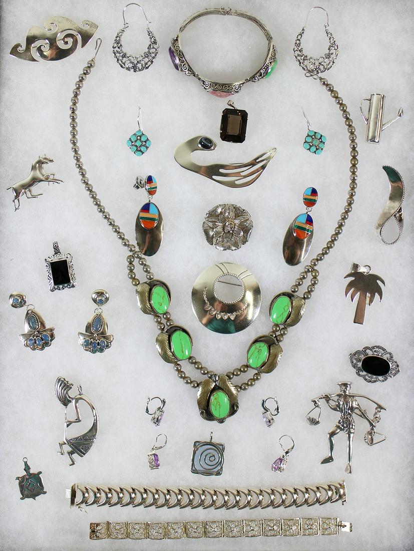 ARTISIAN & STERLING SILVER JEWELRY: Collection of silver jewelry to include a necklace, bracelets, brooches, earrings, pendants. Some marked sterling, 800 or unmarked.