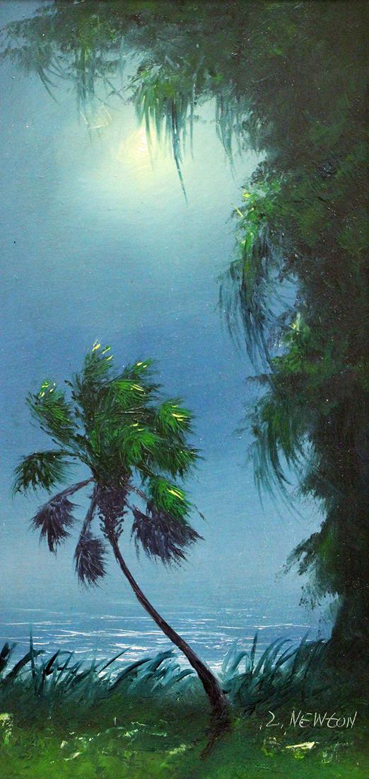 LEMUEL NEWTON HIGHWAYMEN PAINTING: Lemuel "Lem" Newton (1950-2014) Highwaymen painting of a moon lit night river scene with palm tree and hanging Spanish moss. Signed lower right. Measures 24" x 12" on board & 28" x 16" w/ frame.
