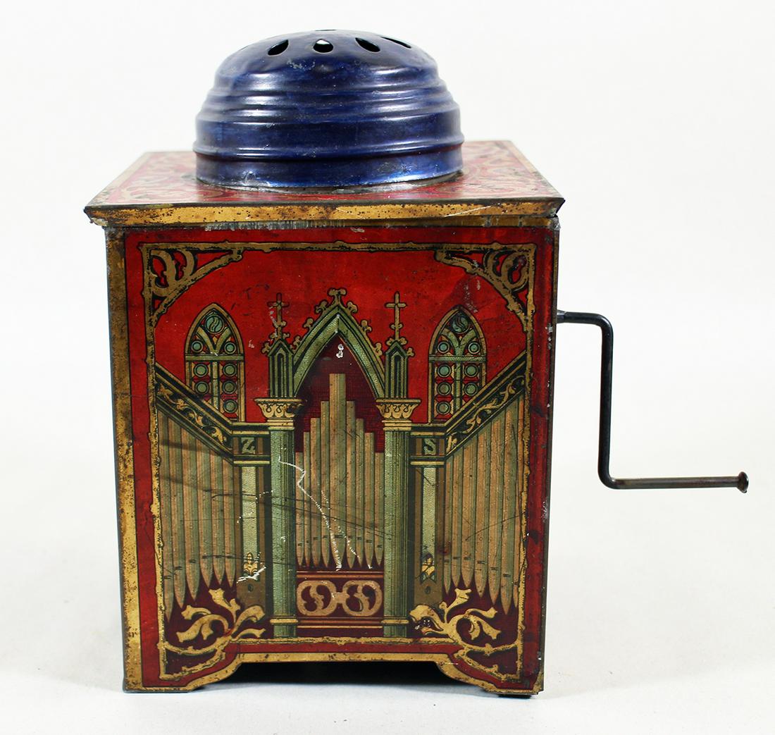 VINTAGE TIN LITHO ORGAN: Vintage tin litho crank organ box. Working. 5" x 5" x 7.5" tall.