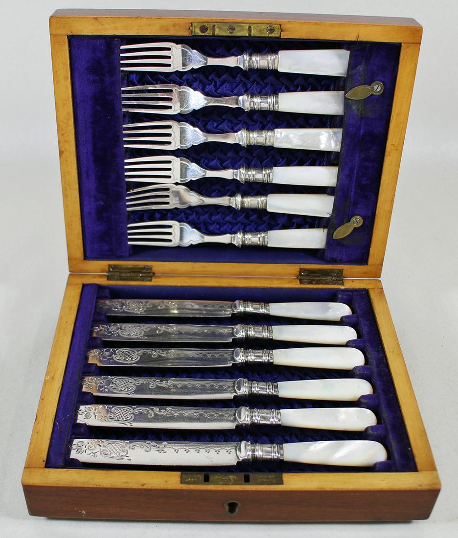 VICTORIAN MOTHER OF PEARL FISH/DESSERT SET: Victorian mother of pearl fork and knife dessert or fish set service for 6 with box. Box 8.5" wide.