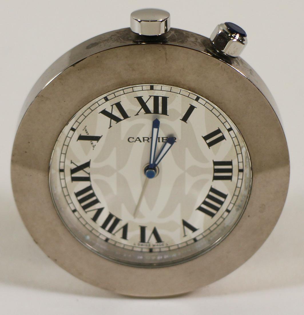 CARTIER TRAVEL CLOCK: Cartier 2751 travel clock with Roman numerals. 2" wide.