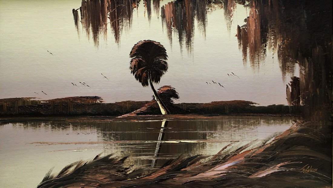 JAMES GIBSON HIGHWAYMEN PAINTING: James Gibson (1938-2017) Vintage Highwaymen painting of a Florida river landscape with palm tree and hanging Spanish moss. Signed lower right. Measures 38" x 22" on upson board & 41" x 25" w/ frame.