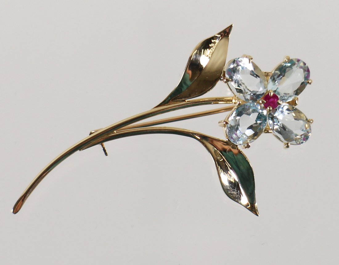 14K TIFFANY & CO. AQUAMARINE & RUBY FLOWER BROOCH (1 of 4)