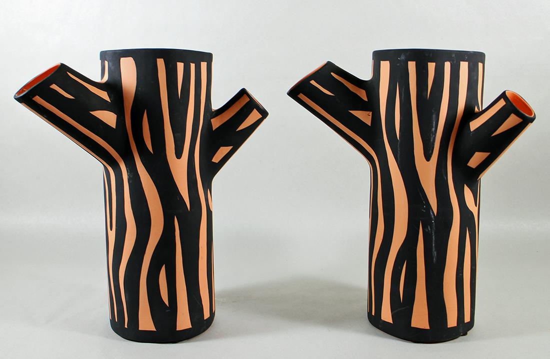(2) ORANGE TREE TRUNK POTTERY VASES (1 of 3)