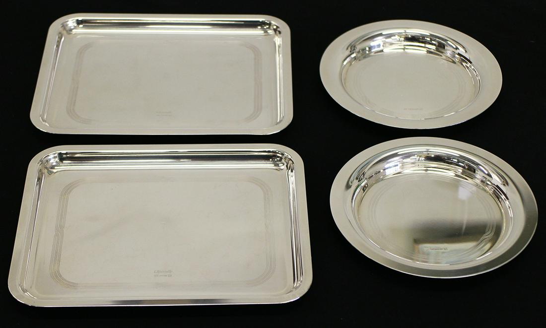CHRISTOFLE SILVERPLATE TRAYS & COASTERS: Christofle silver plate rectangle trays 8" wide and round wine coasters 5.75" wide.