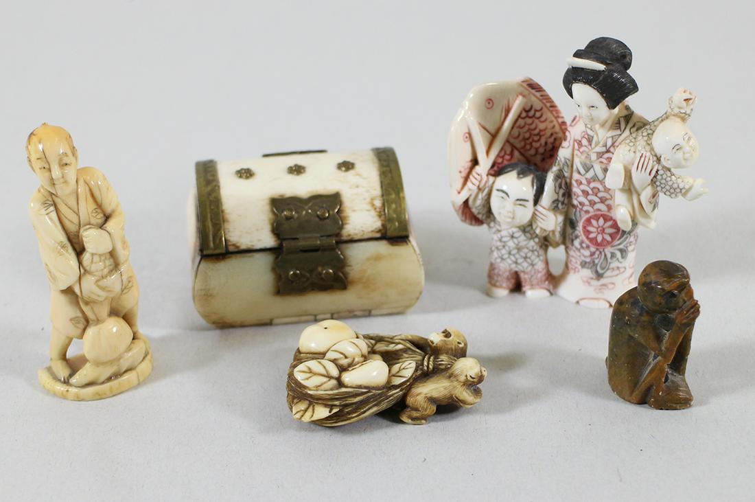 CARVED ASIAN FIGURINES & SNUFF BOX (1 of 3)