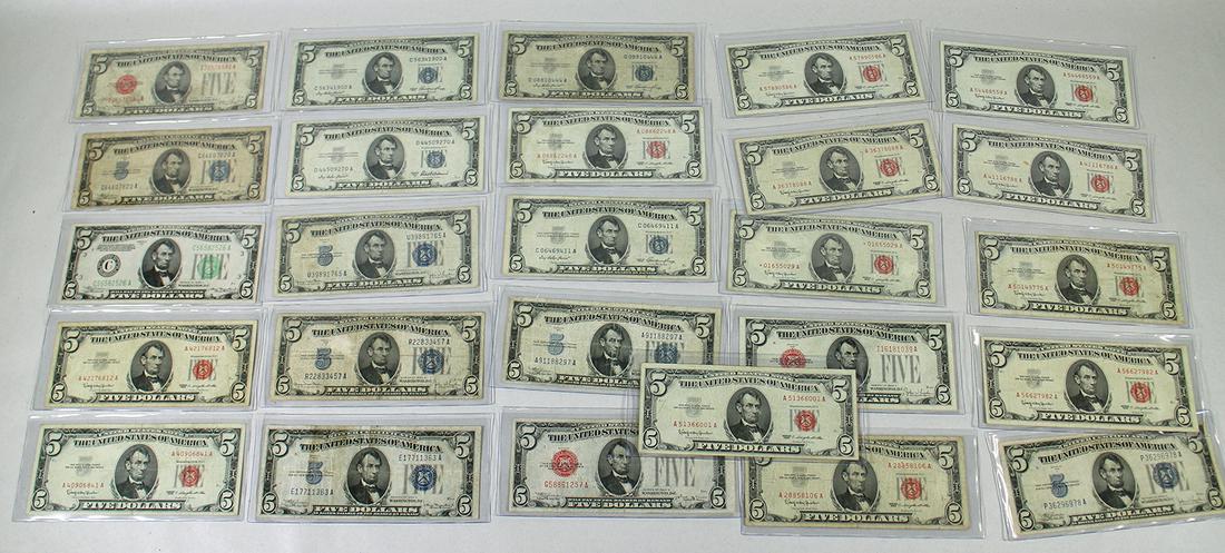 $130 FACE VALUE $5 NOTES RED LETTER & SILVER CERTS (1 of 4)