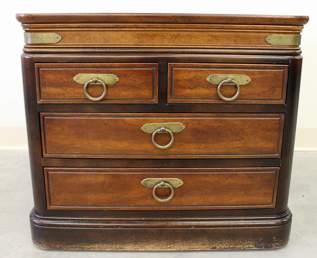 GORDON'S WOOD NIGHTSTAND: Gordon's Furniture wood nightstand side table with brass accents and four drawers. Some discoloration at bottom. Measures 26" x 16" wide 22.75" tall.