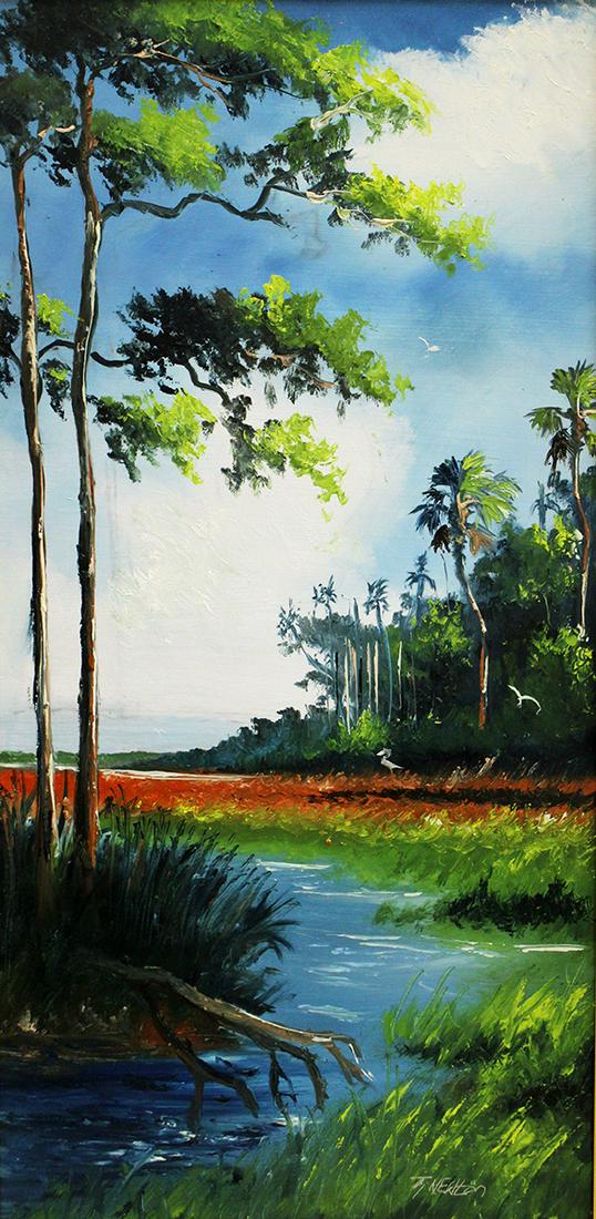 TRACY NEWTON FLORIDA PAINTING: Tracy Newton painting of a Florida backwoods river inlet landscape scene with palm and pine trees. Signed lower right. Measures 24" x 12" and 28" x 16" w/ frame. Tracy is the son of Highwaymen Sam New
