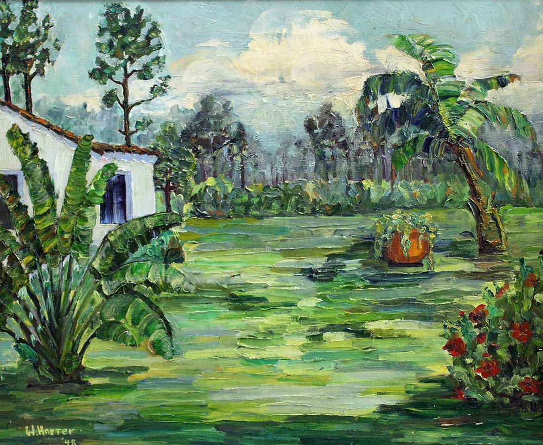 W. HARTER VINTAGE FLORIDA PAINTING: Vintage painting on canvas of a Florida scene. Signed lower left W. Harter and dated 48'. Measures 22.75" x 18.5" (sight) and 28.5" x 24.5" framed.